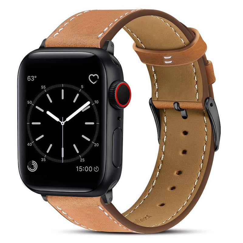 MARGE PLUS Compatible with Apple Watch Band 42mm 44mm, Genuine Leather Replacement Band Compatible with Apple Watch Series 5 4 (44mm) Series 3 2 1 (42mm), Brown Band/Black Adapter - Image 1